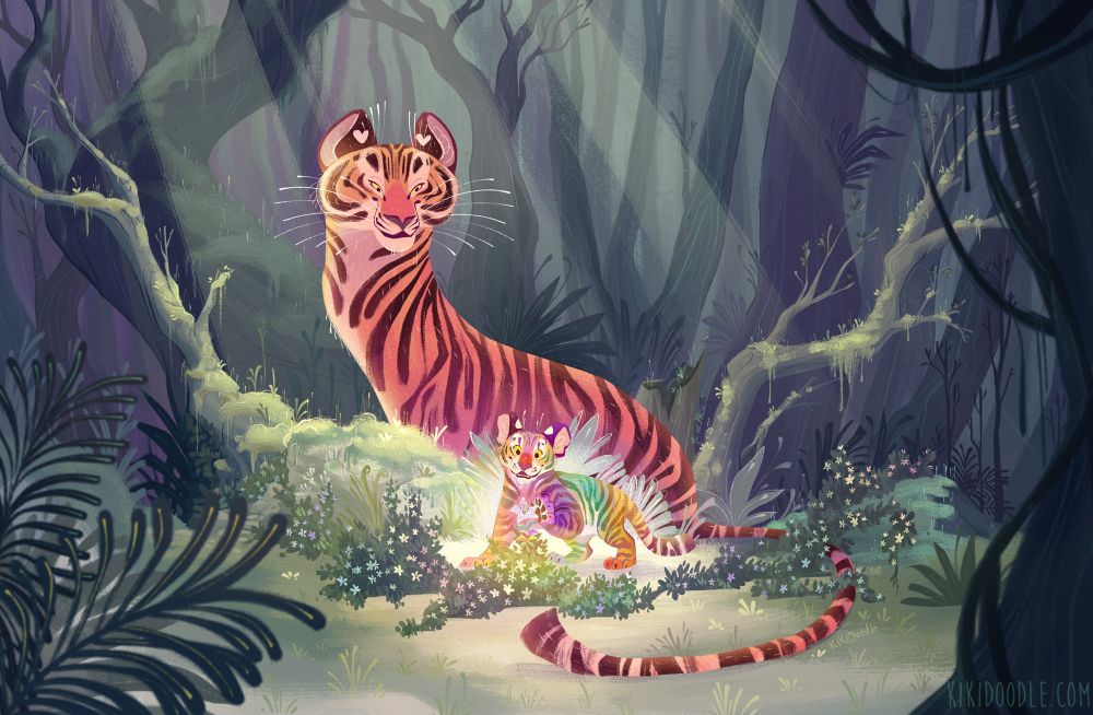 illustration of an adult tiger looking over a younger rainbow striped tiger holding a flower. The flowers around all of them seem to glow with slight rainbow colors. They are in a greenish jungle setting.