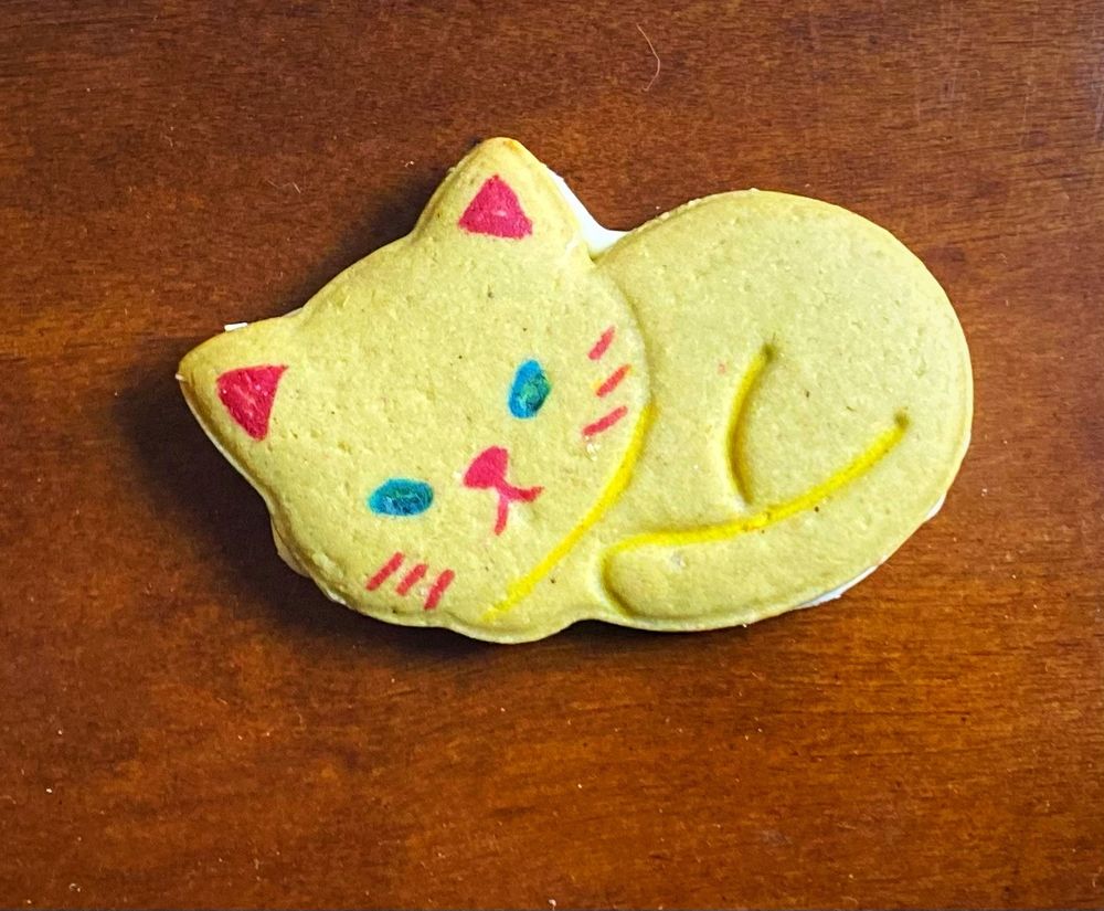Ginger matcha biscuit in shape of a cat that I decorated using edible markers. 