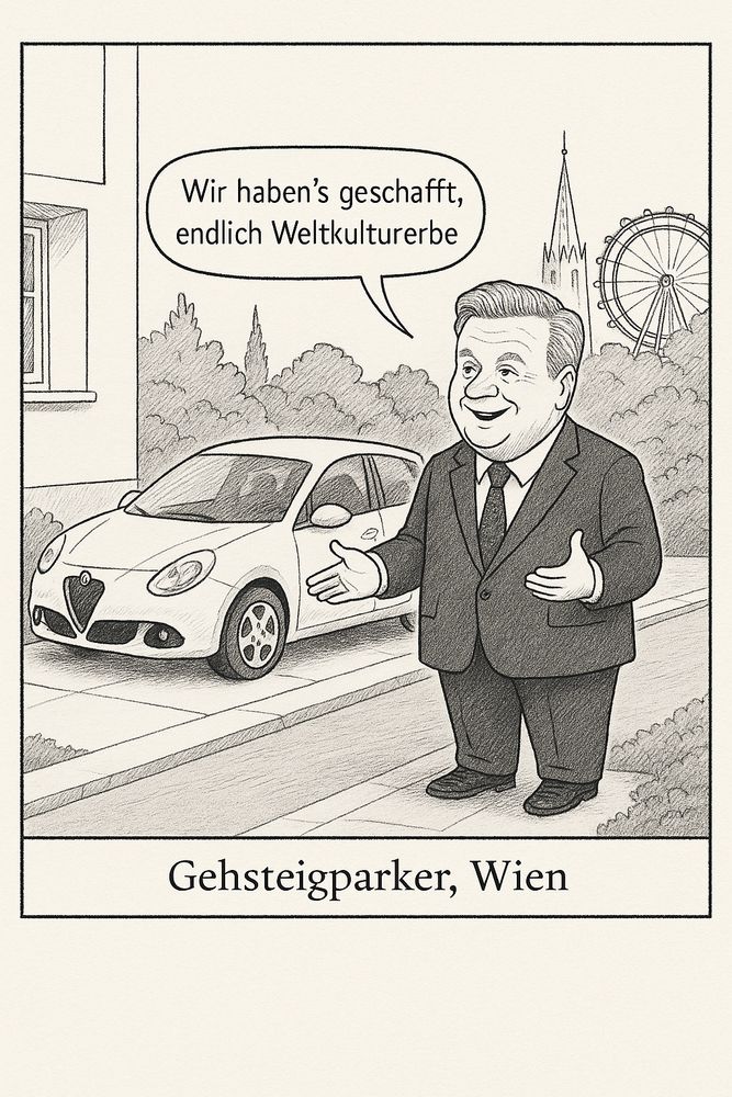 Comic mit Bürgermeister Ludwig vor einem Auto, das am Gehsteig parkt. Über ihm eine Sprechblase: Wir haben's geschafft, endlich Weltkulturerbe.
Untertitel des Bildes: Gehsteigparker, Wien
