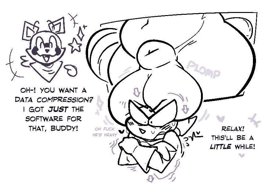 Anthro Raccoon Rambley resting his mild hyper balls and sheath on top of Impmon's head. Rambley's expression is confident- Impmon's is suprised and flustered. The dialogue reads- Rambley: "Oh-! You want a data compression? I got JUST the software for that, buddy!" "Relax! This'll be a *little* while!" Impmon: "Oh fuck he's *heavy*."