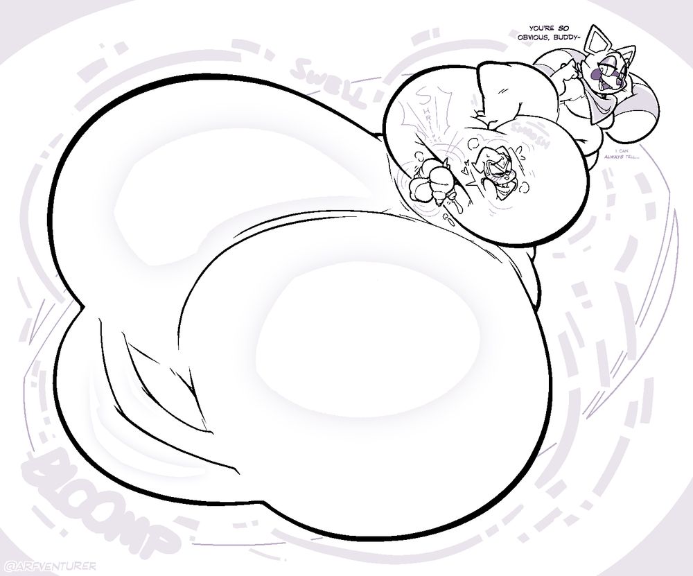 Continuation of the previous illustration. Rambley is laying on his side with one leg up and over his now hyper sheath- with both his sheath and his balls growing taking up most of the piece. Impmon is shrinking in size and smooshed inside Rambley's soft sheath. Rambley has a teasing expression with half lidded eyes- and Impmon's is completely blushed/blissed out. The dialogue reads- Rambley: "You're *so* obvious, buddy~" "I can always tell!"