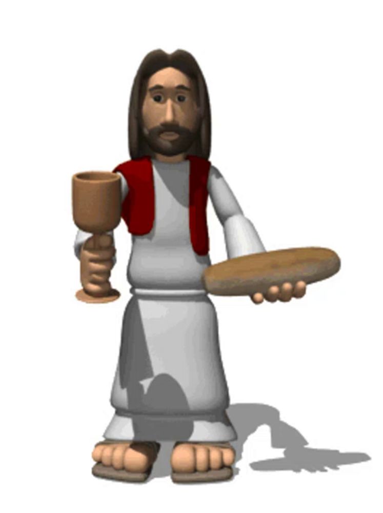 a cartoon of jesus holding a wine glass and a loaf of bread