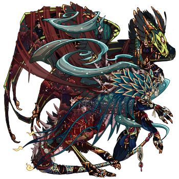 Flight Rising dragon named Aviri, a red and blue dragon with a cluttered aesthetic via apparel and a skin