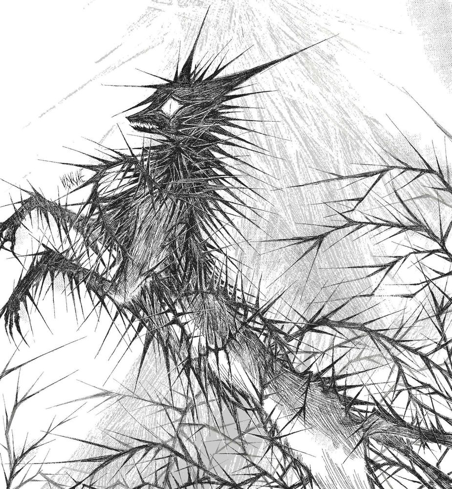a monochrome drawing of a dark dragon-like beast creature appears to be leaping while entwined by the thorny vines, showing a flustered expression
