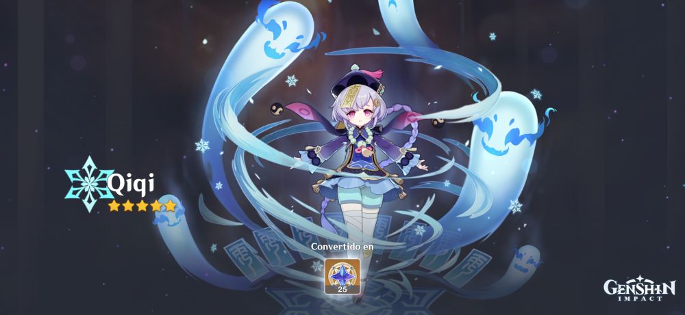 Personaje del videojuego GenshinImpact. Es de hielo, una niña “zombie” de colores morados y azules con fantasmas a su alrededor. 