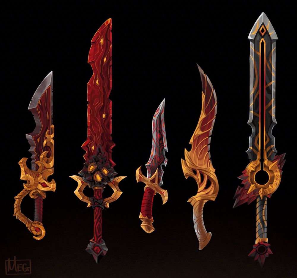 5 different variations of red, black and gold daggers and swords