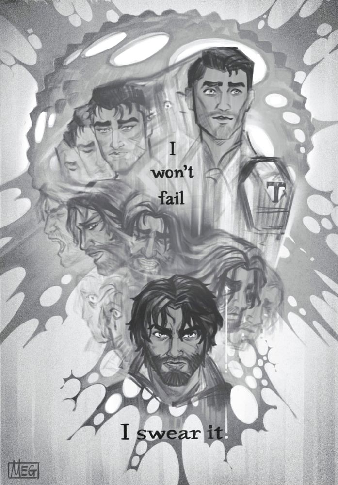 Jayce looking like he does at the start of arcane season 2, his expression then blending into another as he goes through the stages of grief and his face once again settles into a solidified version of him with the resolve and determination when he says "I won't fail, I swear it." Behind him is the anomaly. 