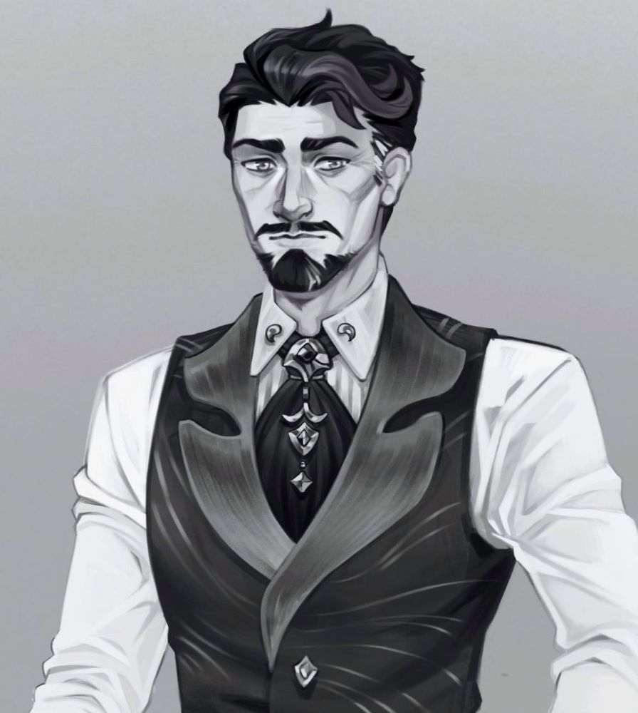 A man standing with one hand is his pocket and the other holding a cane. He's dressed in fitted dark pants, white dress shirt, dark vest and a neck scarf with metal embellishments. 