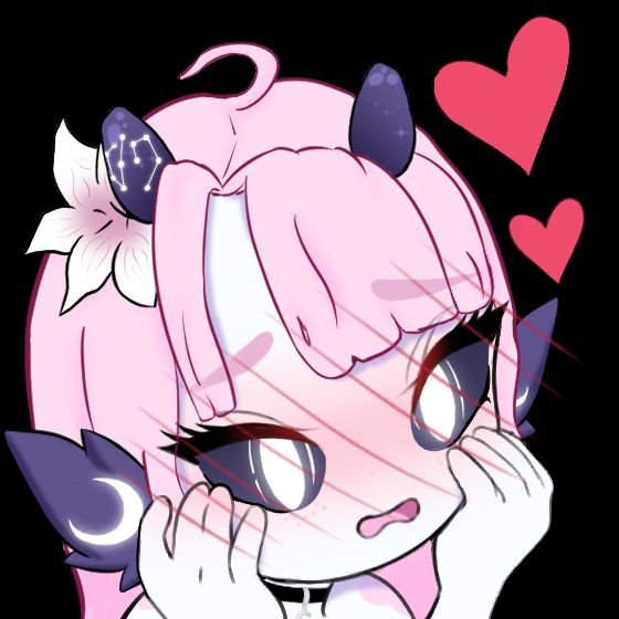 an emote of Lulu blushing a lot, with two hearts beside her. She has long pink hair, pale white skin, bright glowing vertical irises, dark sclera, horns, one of which has a constellation on it, and feathery ears with moons on them. She's holding her face and blushing. 