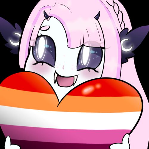 A lamia holding a heart and grinning wide with her fangs out. She has bright vertical irises and dark sclera. She has feathery ears with glowing moons on them. Her hair is pink, her skin is pale. She has tiny dark horns. The heart is colored after the lesbian pride flag.
