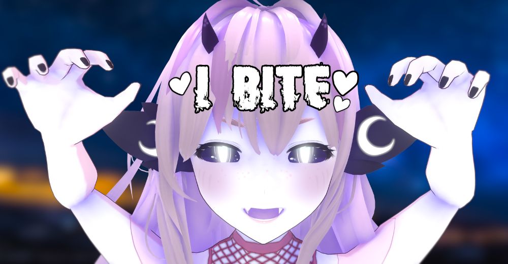 A picture of Luetta's lamia model with her hands up and her mouth open, exposing fangs. her eyes are glowing and she has the words "I BITE" with hearts around them over her forehead.