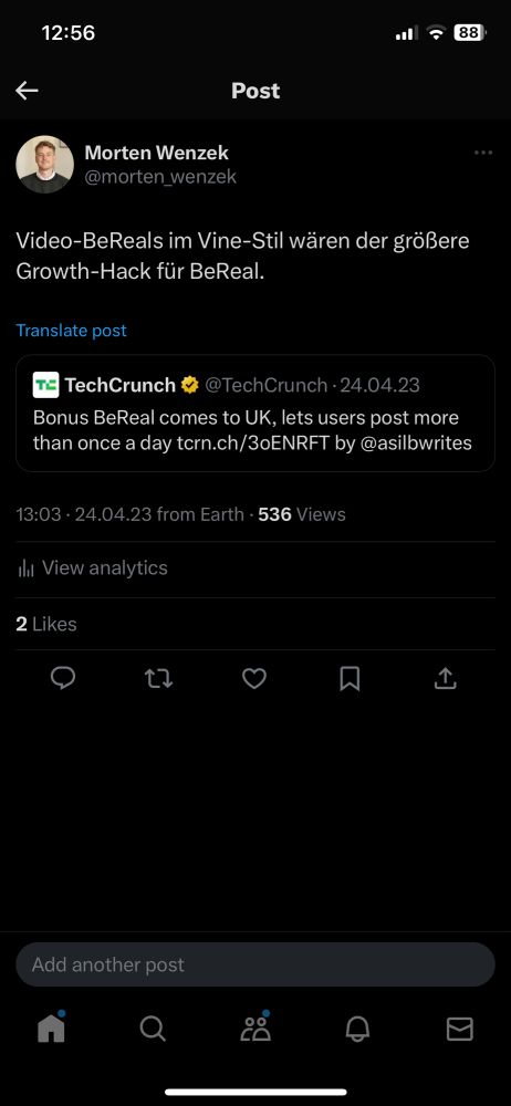Screenshot meines Tweets vom 24.03.23, der Videos auf BeReal als Wachstumstreiber für die Plattform nennt.