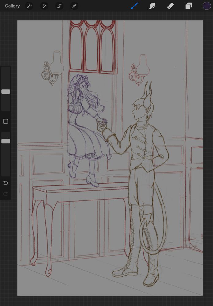 Procreate screenshot. Sketch of Az helping Evelyn through a window