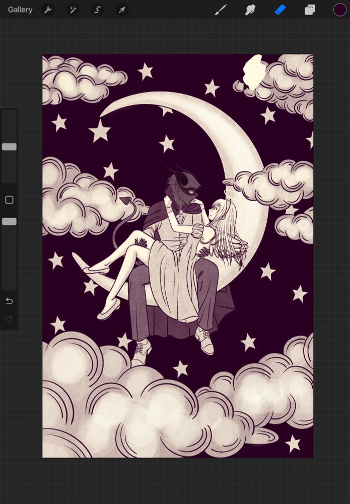 Warm black and white drawing of D and Holly on a moon. Partially shaded.