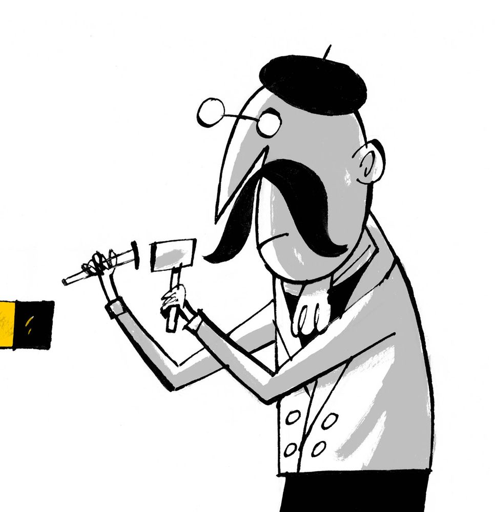 Cartoon-style illustration of a person with a large moustache and beret using a hammer and chisel on a rectangular object.