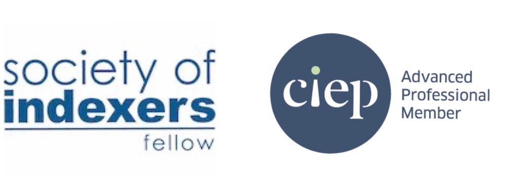 Two of my professional membership logos in blue:
– Society of Indexers Fellow logo
– CIEP Advanced Professional Member logo.
The i in the CIEP (Chartered Institute of Editing and Proofreading) logo is an upside-down exclamation mark.
