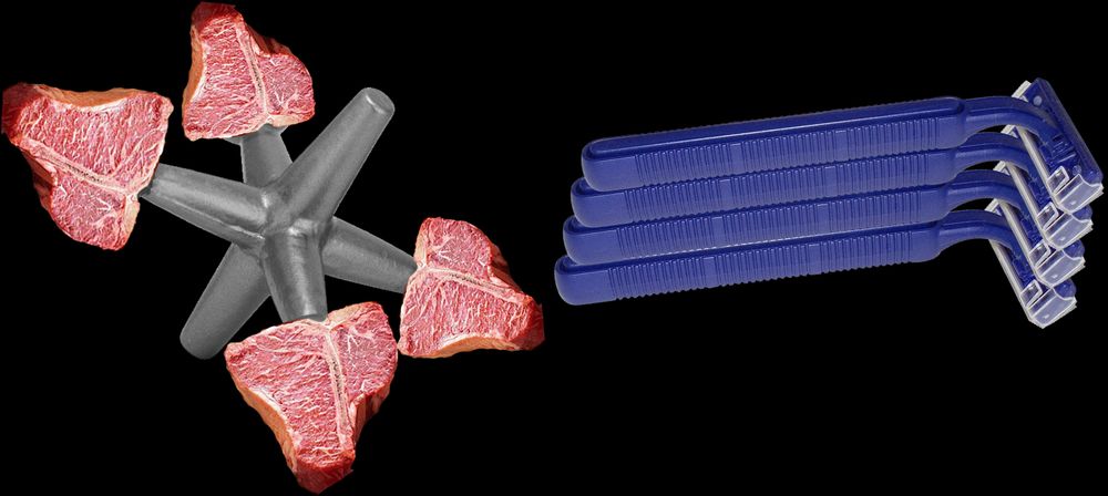 A jack from jacks with meat on the tips next to multiple razors