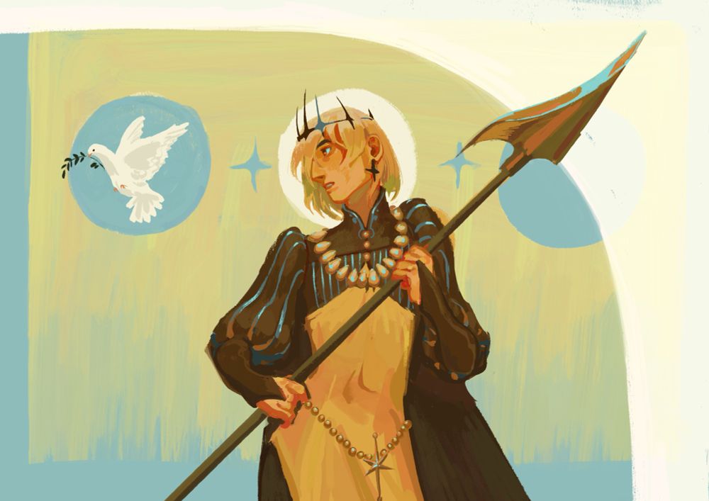 A painting of a young man on white yellow and blue background. He has a long straight hair, and black crown is resting on top of it. In his hand he holds a weirdly shaped halberd. He turns to the right with troubled expression, watching a white dove, flaying away.