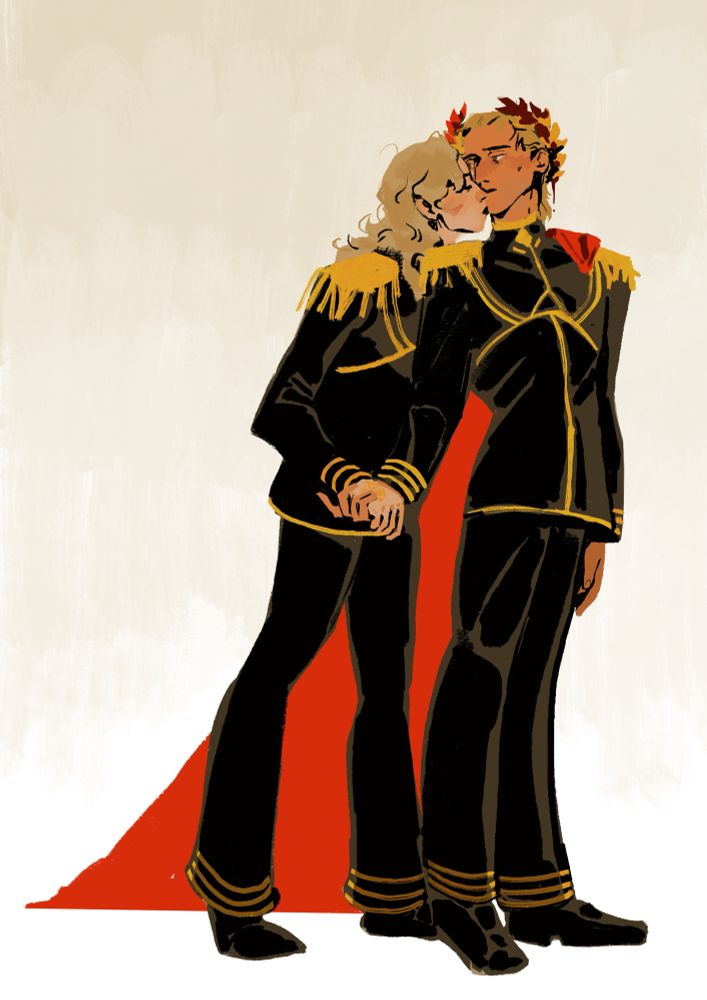 A colored drawing of 2 men, wearing the same black and gold military uniform. The first is taller, with shorter golden hair. He stands proudly, his face disaffected, turned only slightly to the second man. He wears on his head a golden laurel smeared with blood, on his shoulder - bright red long cape.
The second stands slightly behind the first, his skin paler and his hair lighter still. He leans onto the first figure, eyes closed, placing a kiss upon his cheek.
Their hands are joined.