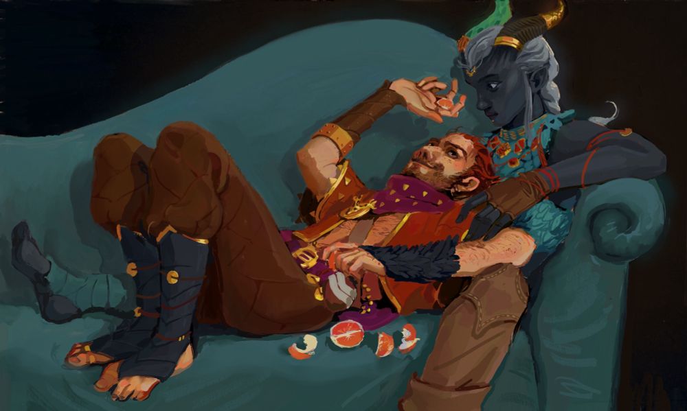 A painting of Taash and Rook from Dragon Age  Veilguard. They are reclining on a couch together. Rook is offering Taash a piece of orange with a smile that seems playful, loving and sweet. Taash looks down in gentle surprise.