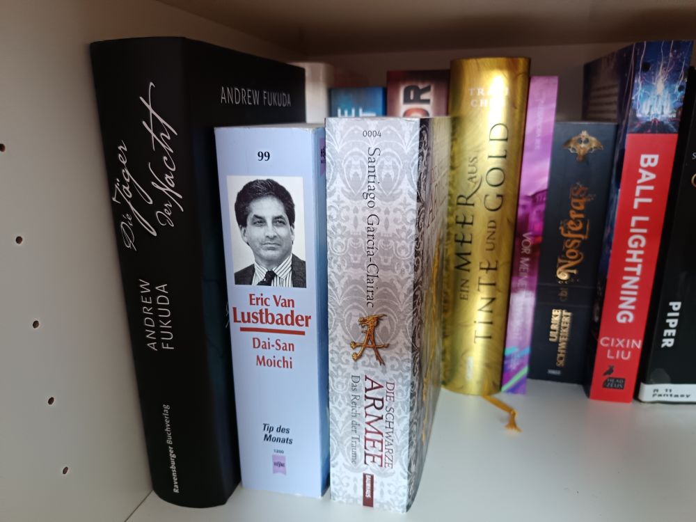 Selbes Regal, drei weitere Bücher stehen vor der hinteren Reihe