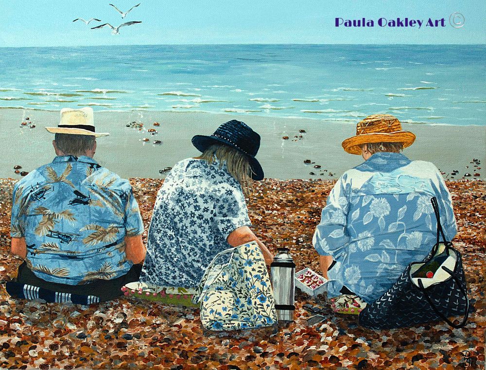 Acrylic painting of people sitting on the beach 