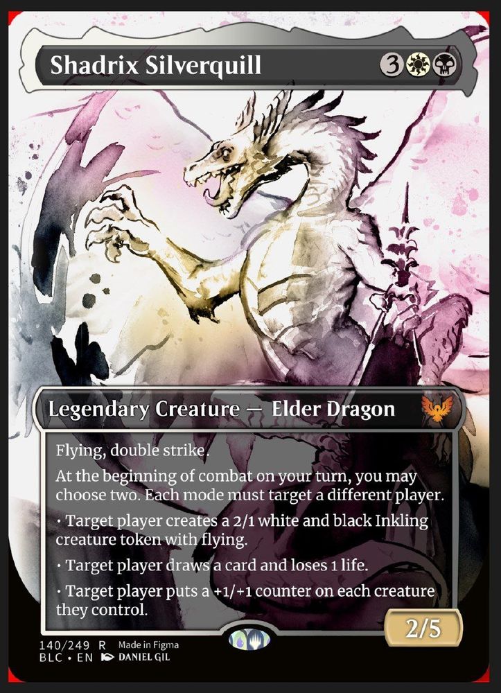 A proxy of Shadrix Silverquill from Magic the Gathering illustrated by me. It's an ink drawing of a dragon creating a Shield with ink.