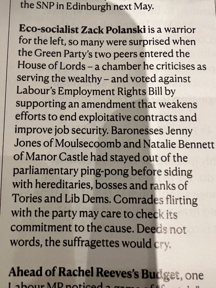 Excerpt from new statesman stating greens voted against employment rights bill 