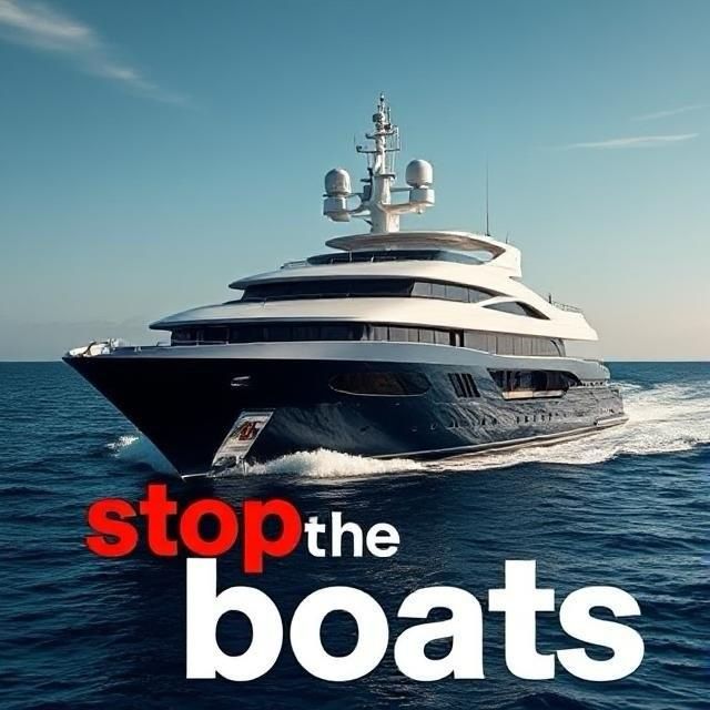 Picture of a superyacht with the words “stop the boats” underneath 