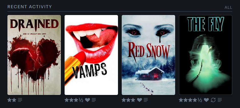 A screenshot of my last four watched movies on Letterboxd. It contains the covers for Drained (2 stars), Vamps (3.5 stars), Red Snow (3 stars), The Fly (4.5 stars)