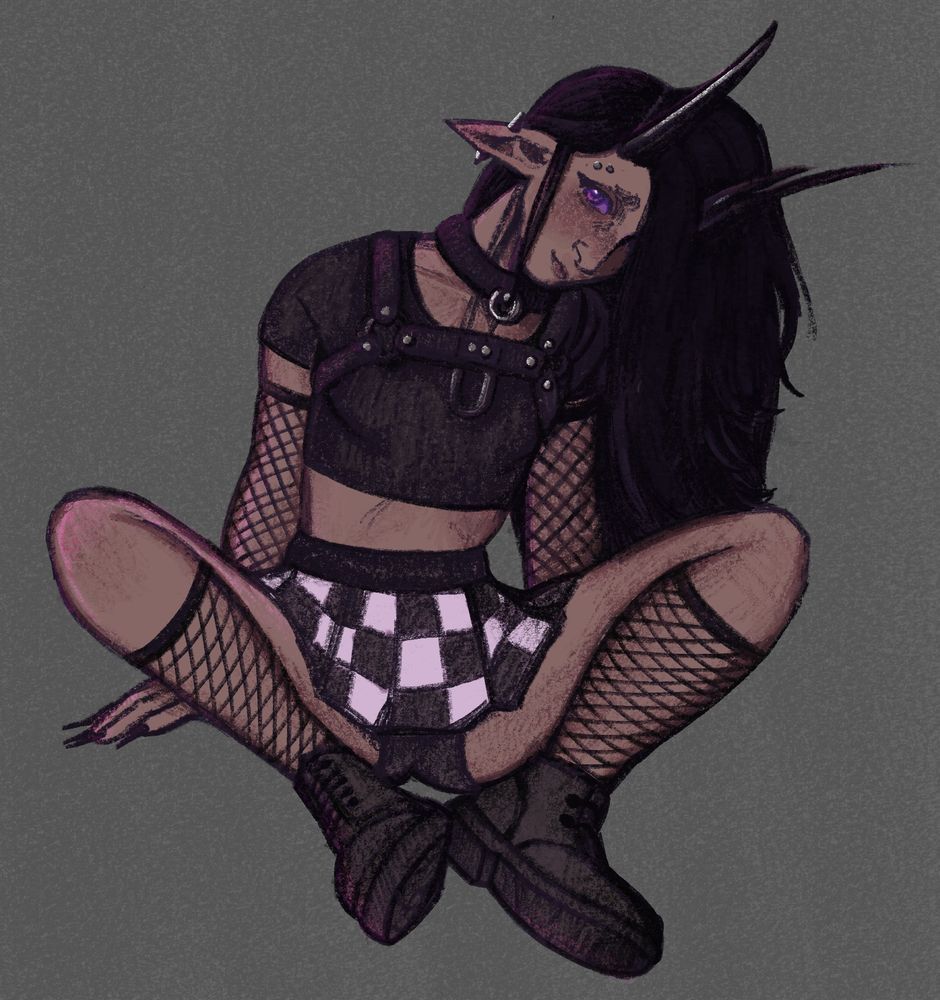 a demon with medium-brown skin, glittery purple eyes, messy long black hair, shiny black horns with one split down the middle, and a punk-style outfit with fetish elements. they're wearing boots and fishnets, with a checkered skirt, black crop top, and chest harness.