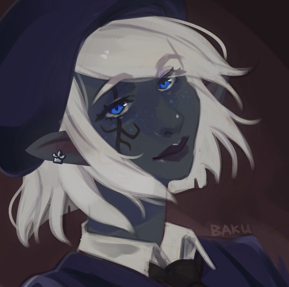 A digital bust portrait of a duskwight elezen. She has jaw-length white hair, blueish grey skin, blue eyes, blue freckles and a midnight blue-colored outfit.