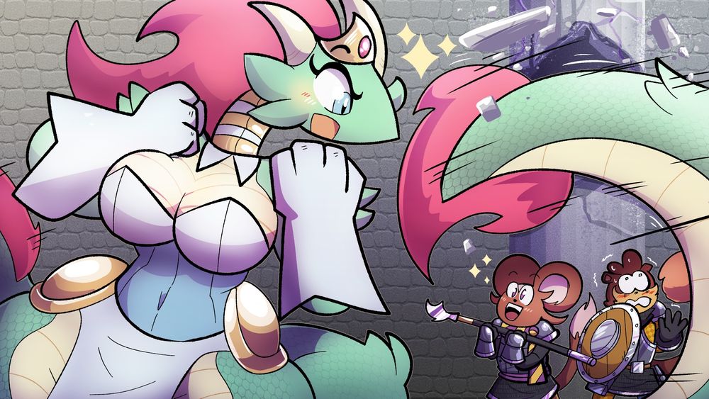 Artwork. A tall dragon princess, Galidra, has an ecstatic happy expression seeing two brave rodent knights coming to her rescue. Thyme (a jerboa) is also sharing the excitement, while Bryn (a squirrel) is looking up in terror, as Galidra's excitement has caused her tail to smash into a stone pillar and the debris about to fall down on him... Thankfully he has a circular wooden shield!

https://artfight.net/attack/12642419.galidra-my-heroes