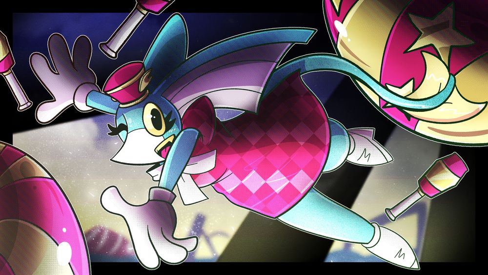 Artwork. A blue anthro dolphin in a pink outfit is doing a leaping performance across the night sky of a carnival. She is seen juggling pins and bouncy balls around her.

https://artfight.net/attack/12337431.star-acrobatics-ahoy