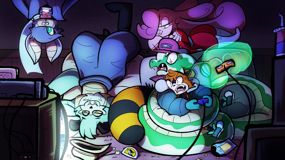 Artwork of a cast of youthful anthro characters hanging out in a living room area. There is a red panda named Rebound and an emerald tree boa snake named Grapple. Both have controllers and are getting super invested into a videogame they are playing against each other. Their four other friends, Luna (a bat sipping on a red juice packet upside down from the ceiling), Port (a tall green otter who is also upside down on the other side of the couch), and Medley (a red bunny who is lounging on the top cushions of the couch) all watch the show that is happening in front of the CRT. There is also bits of snacks and drinks scattered throughout the room.

https://artfight.net/attack/9914074.da-youths-gaming