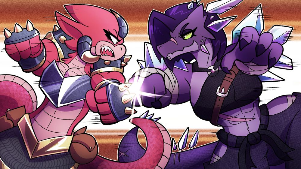 Artwork. A red anthro brute of a snake, Minerva, is seen clashing with a purple crystal anthro dragon, Roxa. They are evenly matched and are both winding up their next attack against each other!

https://artfight.net/attack/12814167.roxa-challenge-accepted