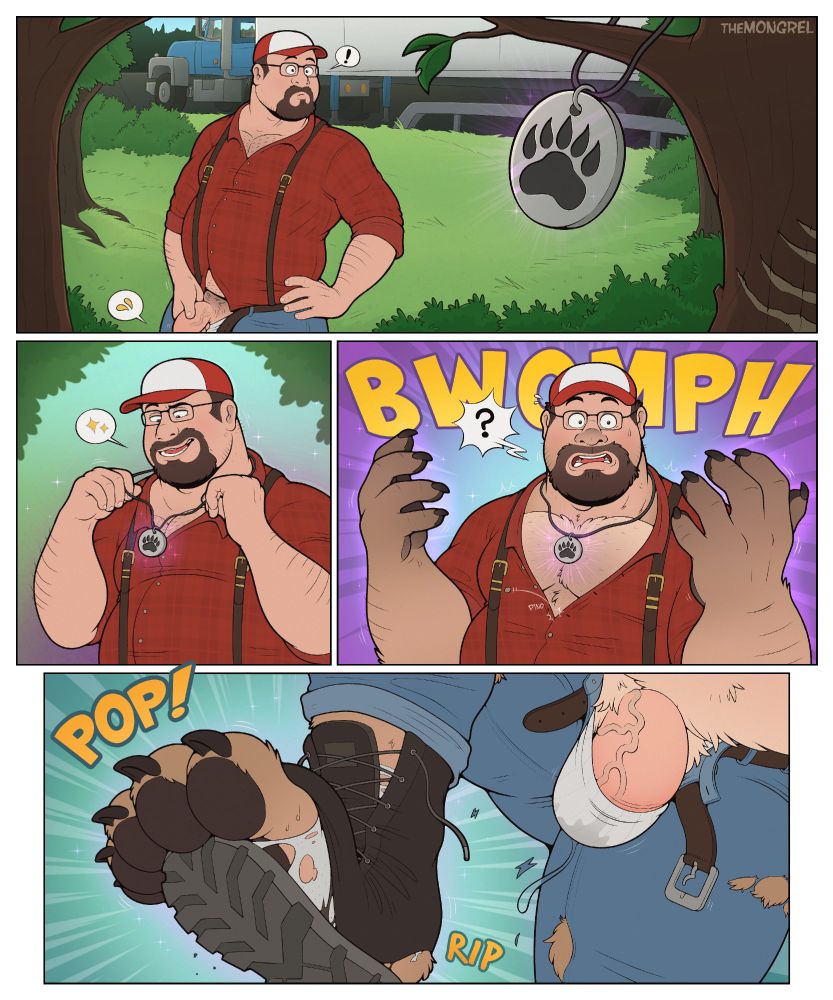 TheMongrel-Artwork A three panel NSFW comic of a trucker putting on a magical necklace and tearing his clothes as he transforms into an anthropomorphic bear.