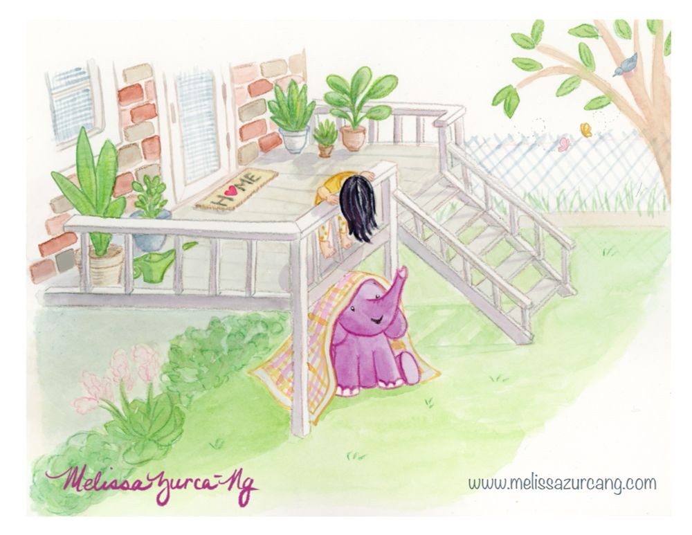 In a backyard a small girl in yellow leans over the white railing of a garden porch to look down at what sits underneath in the grass. Her dark hair drapes over the railing as she spies a purple elephant partially hidden under a pink and yellow check striped blanket peeking back up at her. The porch extends from a brick wall w a door and window. There is a mat beneath the door that reads, “Home”, and many potted plants. Down the porch stairs are more flowering plants with a fence in the background, a tree in the top right corner with a bluebird peering down at the scene, and a pink and yellow butterfly fluttering by. The bottom reads, “Melissa Zurca-Ng” on the left and “melissazurcang.com” on the right.