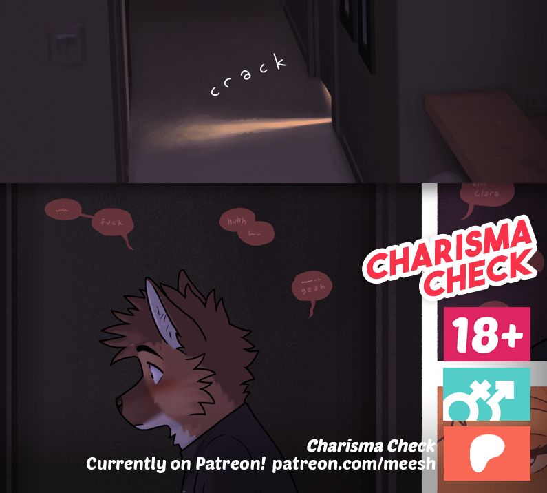 A preview of two new pages of Meesh's comic Charisma Check. A door opens in a dark hallway, and Jacob pauses in front of door, where he hears amorous sounds.