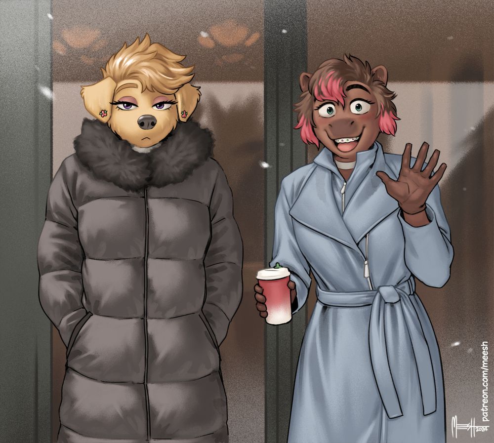 Clara and Jasmine greet the viewer on a chilly winter day. They're standing in front of cafe doors, Jasmine with a cup of coffee in her hand, while she waves at you with the other.