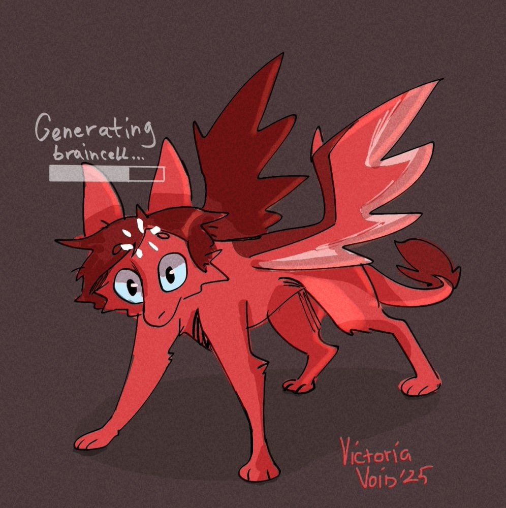 A small red creature resembling both dragon and cat stands on her four feet with light blue eyes wide open, trying to calculate new brain cell. Above her head there's a corresponding loading bar. 