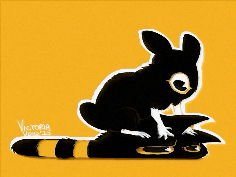 Two black creatures, one on top of the other. The bottom one resembles a cat while the top one has bird-like limbs, has bunny-shaped body and one eye. 