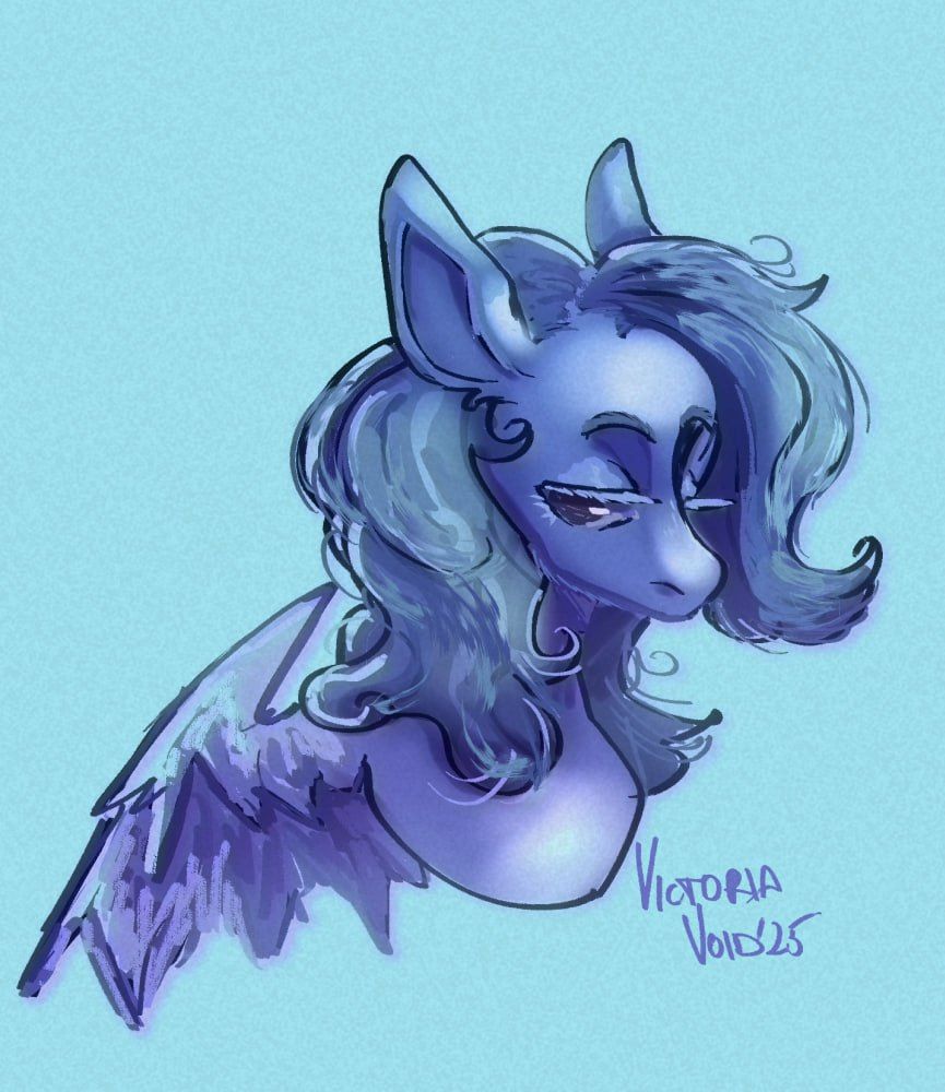 Bust of a white winged pony with blue-ish gray hair with light blue background; lighting makes her seem blue as well. She looks to the side, bored.