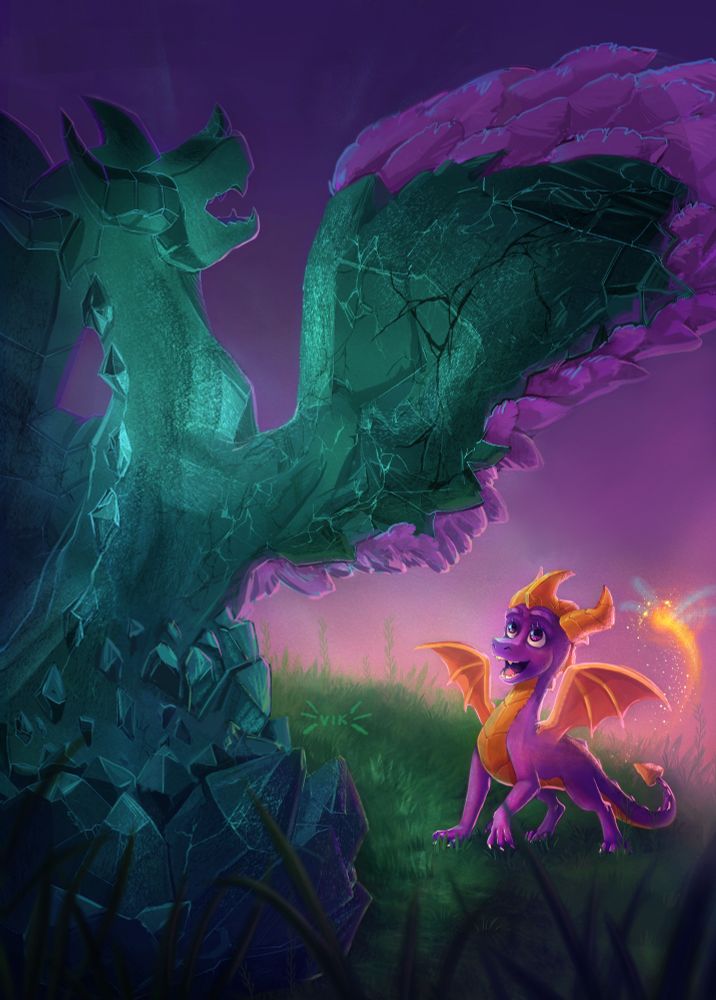 We see a turquoise dragon statue that's ready to break down & release a dragon, we see some feathers already showing from behind the crystallized mass. Behind the statue stands a small purple dragon with yellow horns & his dragonfly Sparx flies around him. The whole composition is drawn in turquoise, greenish & purple colours with yellow becoming an accent. A few grass blades cover our front view to finish the spaciousness in the picture.
