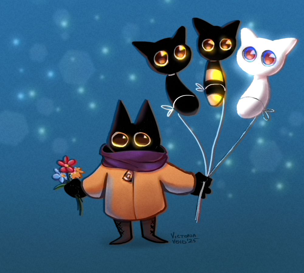 Black cat, dressed in a yellow winter jacket, wearing boots and purple scarf, is holding three flowers in their right hand, and three cat-like creature as baloons, in their left hand. Perhaps they're going on a date?
