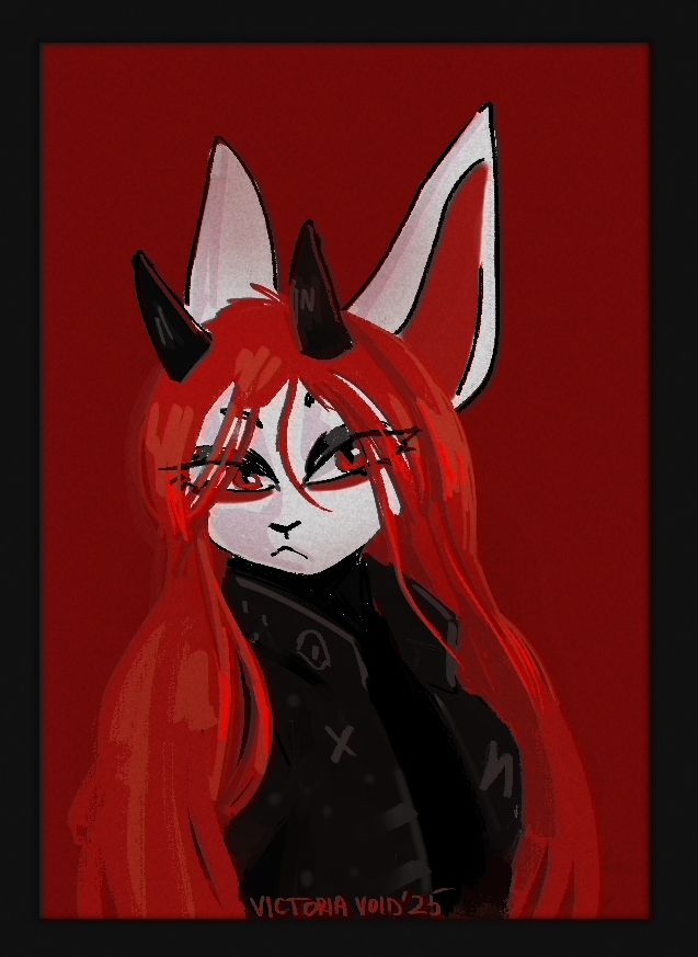 White cat with horns, long red, soft hair, in a black coat looks at you. He has a nice smokey eyes makeup. Background is just red, with black borders. 