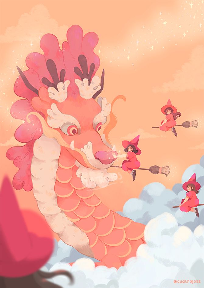 Art showing 4 witches on brooms, one is touching the nose of a dragon. The witches are not even the size of the dragons head.

The sky is peach coloured, the dragon is peach coloured and the witches wear pink hats and dresses. The dragon has a front legs, antlers, whiskers and a mane.