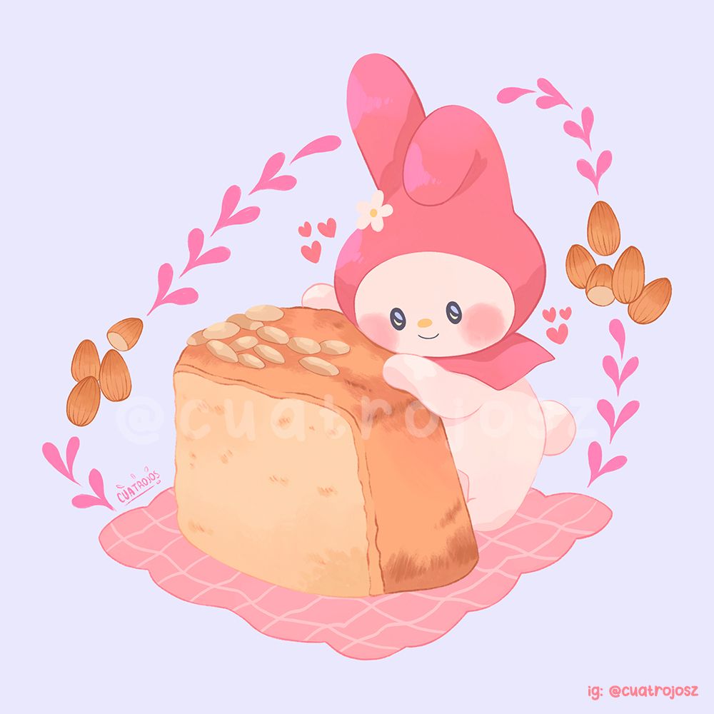 My Melody holding a piece of almond poundcake.