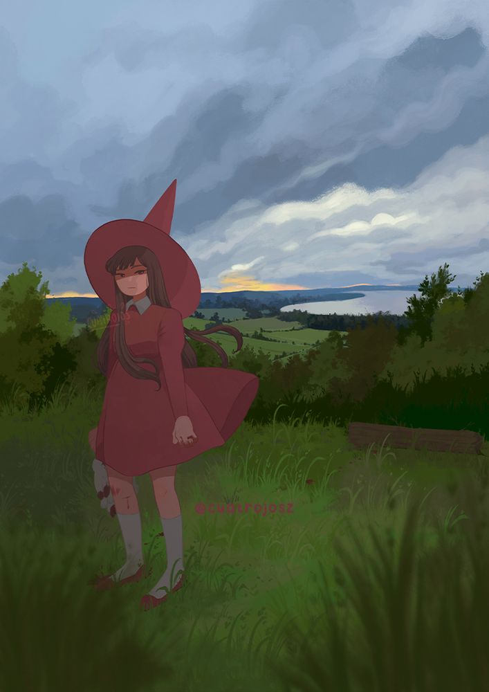 Art of a landscape, a green field in a cloudy day, in the horizon the sun shining; at front, in the middle of the bushes, at the left, a witch in a red dress, relaxed pose, menacing looking at you, a red glow in her eyes, while holding the body of a dead rabbit covered in blood, dripping at her side.