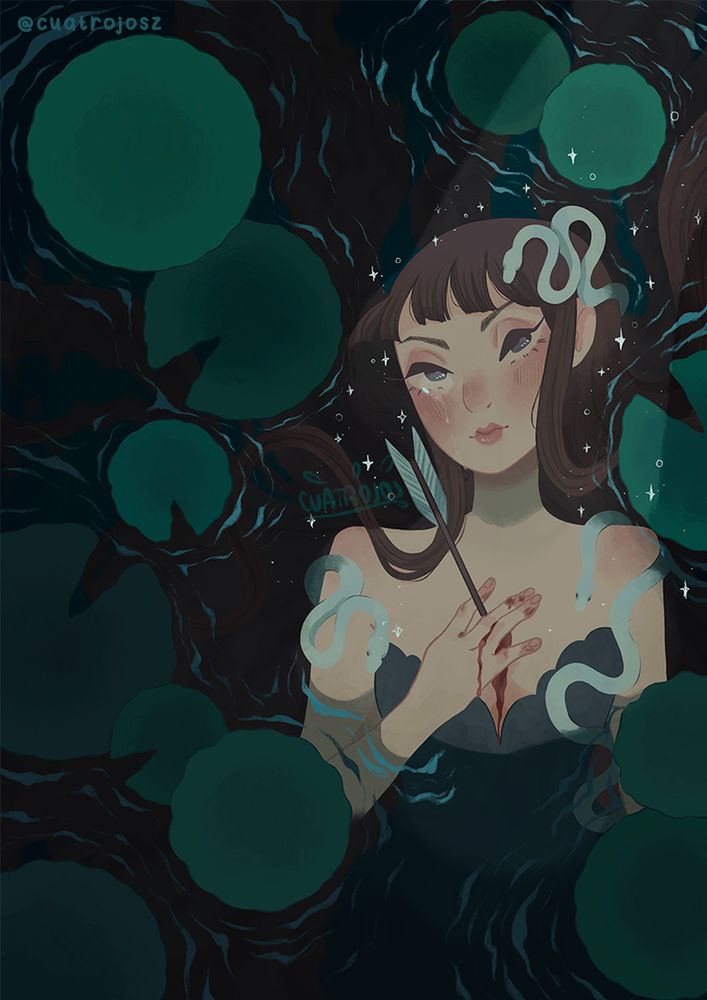 Art of a girl with long dark hair, semi submerged in a dark lake, surrounded by lotus leaves. She has 3 little snakes crawled around her (head and both shoulders). One of her hand is touching her chest, where an arrow is stuck, blood flowing from the wound. A ray of light illuminate her face, a single tear rolling through one of her eyes.